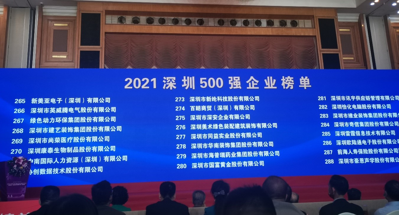 优游国际上榜2021深圳企业500强