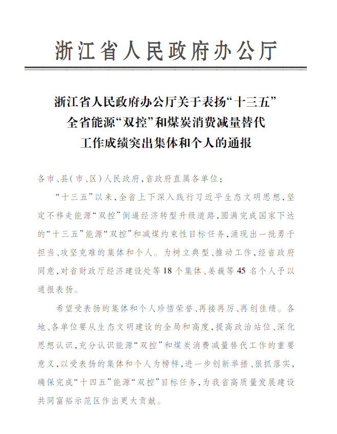 优游国际永嘉公司付金轩获“浙江省能源‘双控’工作成绩突出个人”表彰